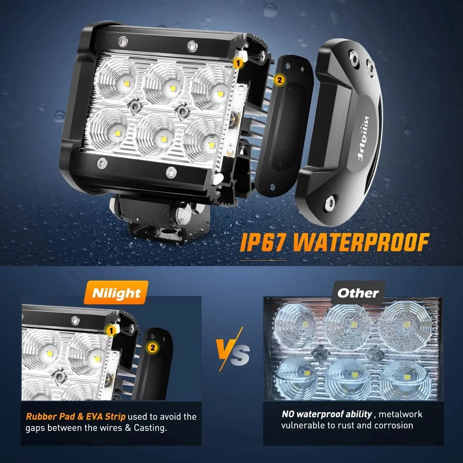 4 Inch 18W 1260LM Double Row Flood LED Pods (2 Pairs) | 16AWG Wire 3Pin Switch