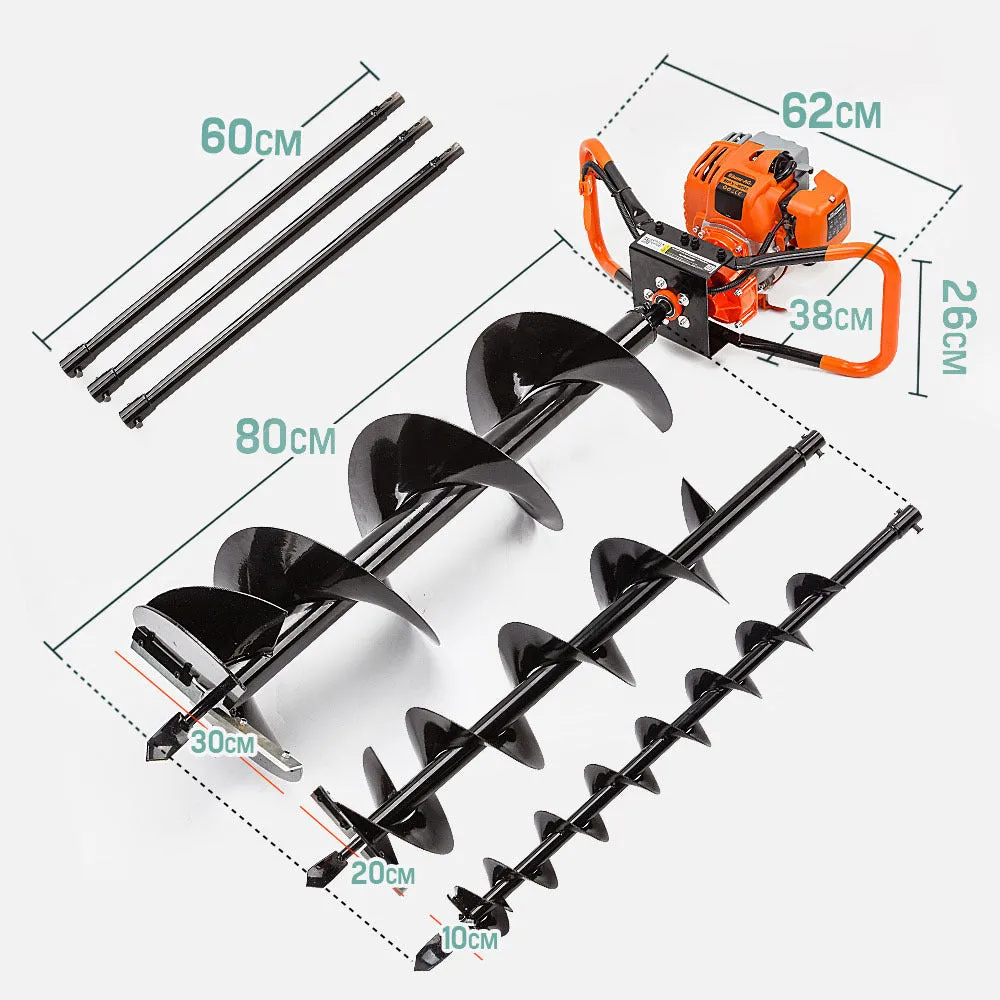 75CC Petrol Post Hole Digger Set w/ 3 Augers & Ext Shafts