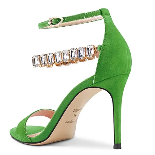 Aachcol Women Sandals Peep Open Toe Ankle Strap Stiletto High Heel Sexy Dress Shoes Pumps Office Wedding Satin Light Green 3 Inch