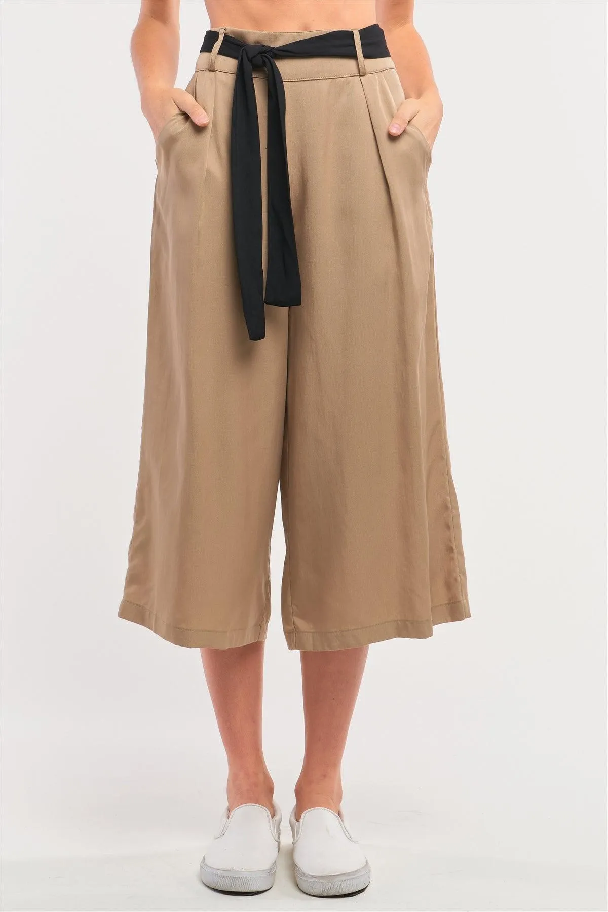 Beige High Waist Self-Tie Belt Detail Flare Capri Pants /1-3-2