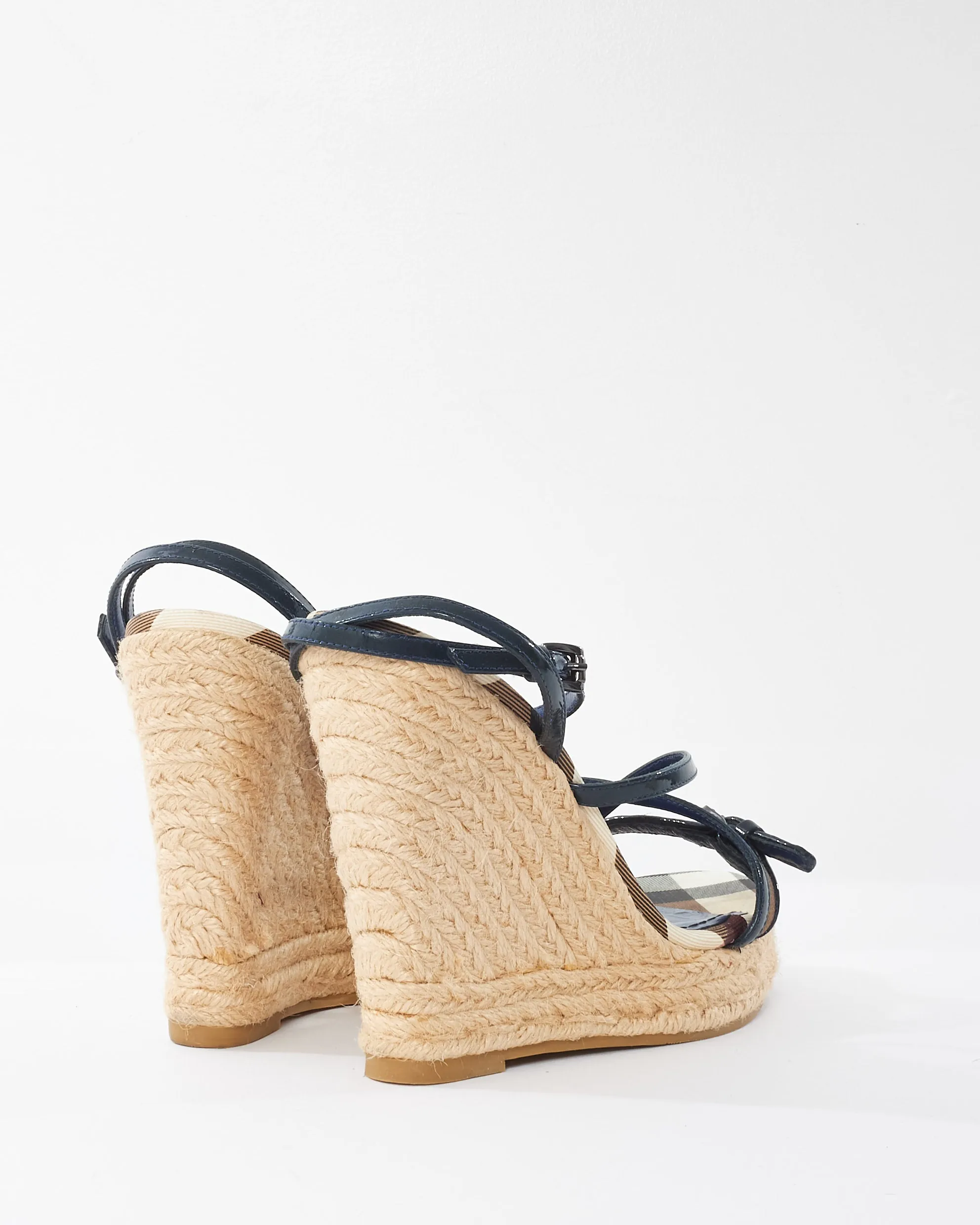 Burberry Blue Patent & Canvas Nova Check Espadrille Wedges - 36