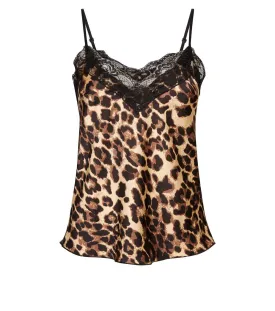CAMEO Rose Brown Leopard Print Black Lace Trim Camit Top - Brown