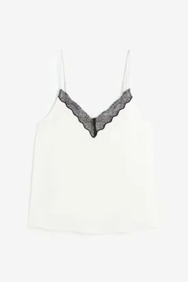 CAMEO White with black Lace Trim Camit Top - Wihte