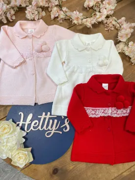 "Larna" Pom Pram Coat With Lace Detail And Bonnet