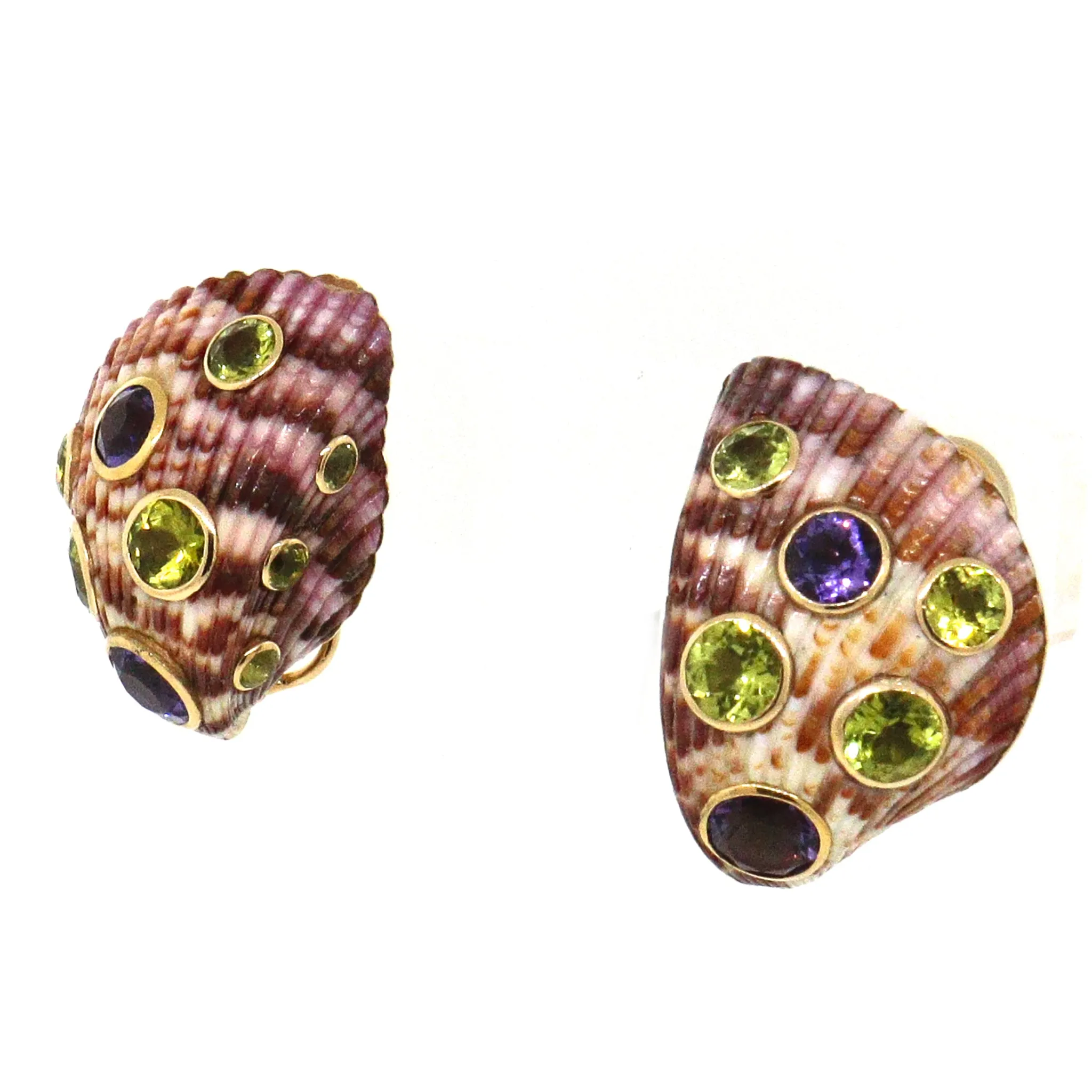 Trianon 14k Yellow Gold Sea Shell Amethyst and Peridot Clip-0n Earrings
