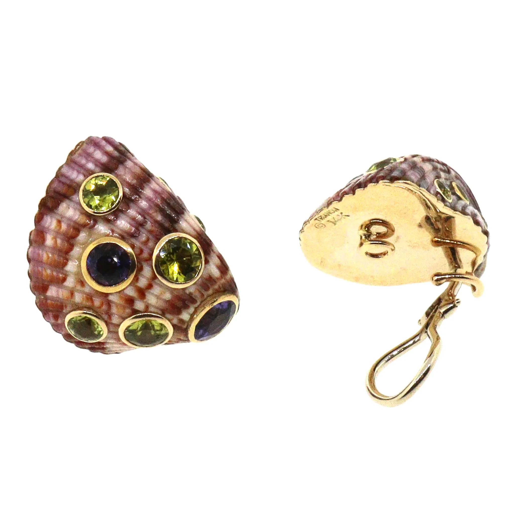 Trianon 14k Yellow Gold Sea Shell Amethyst and Peridot Clip-0n Earrings