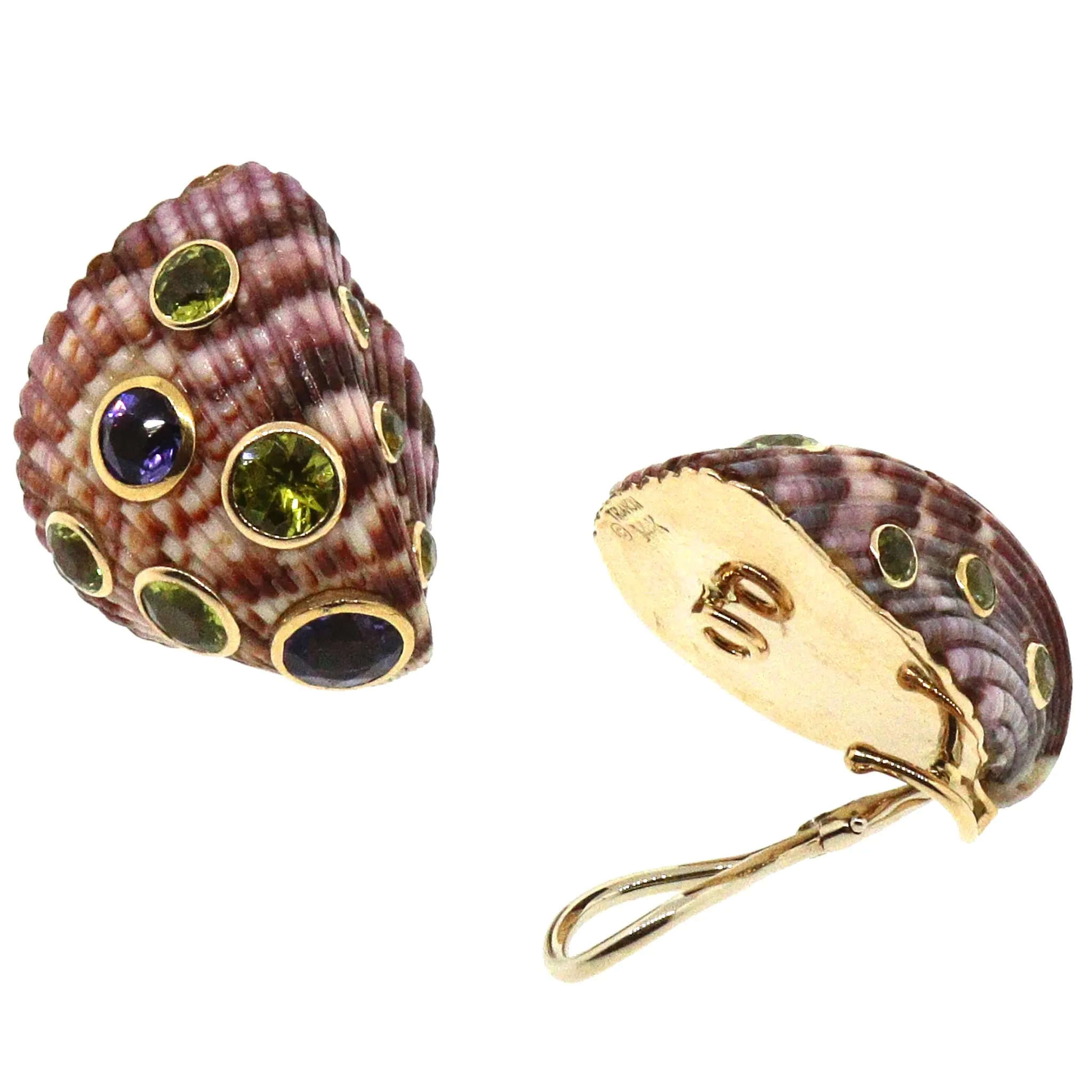 Trianon 14k Yellow Gold Sea Shell Amethyst and Peridot Clip-0n Earrings