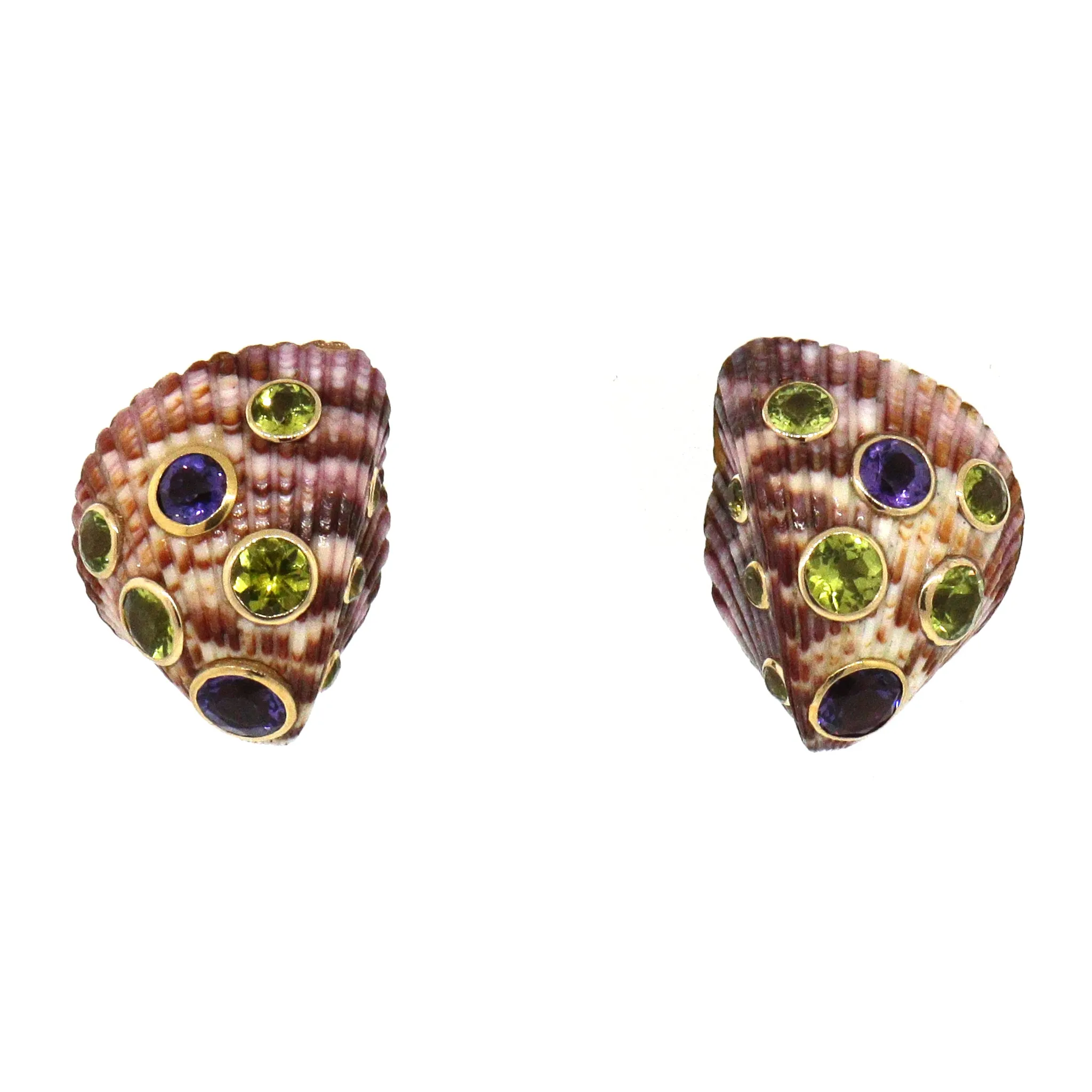 Trianon 14k Yellow Gold Sea Shell Amethyst and Peridot Clip-0n Earrings