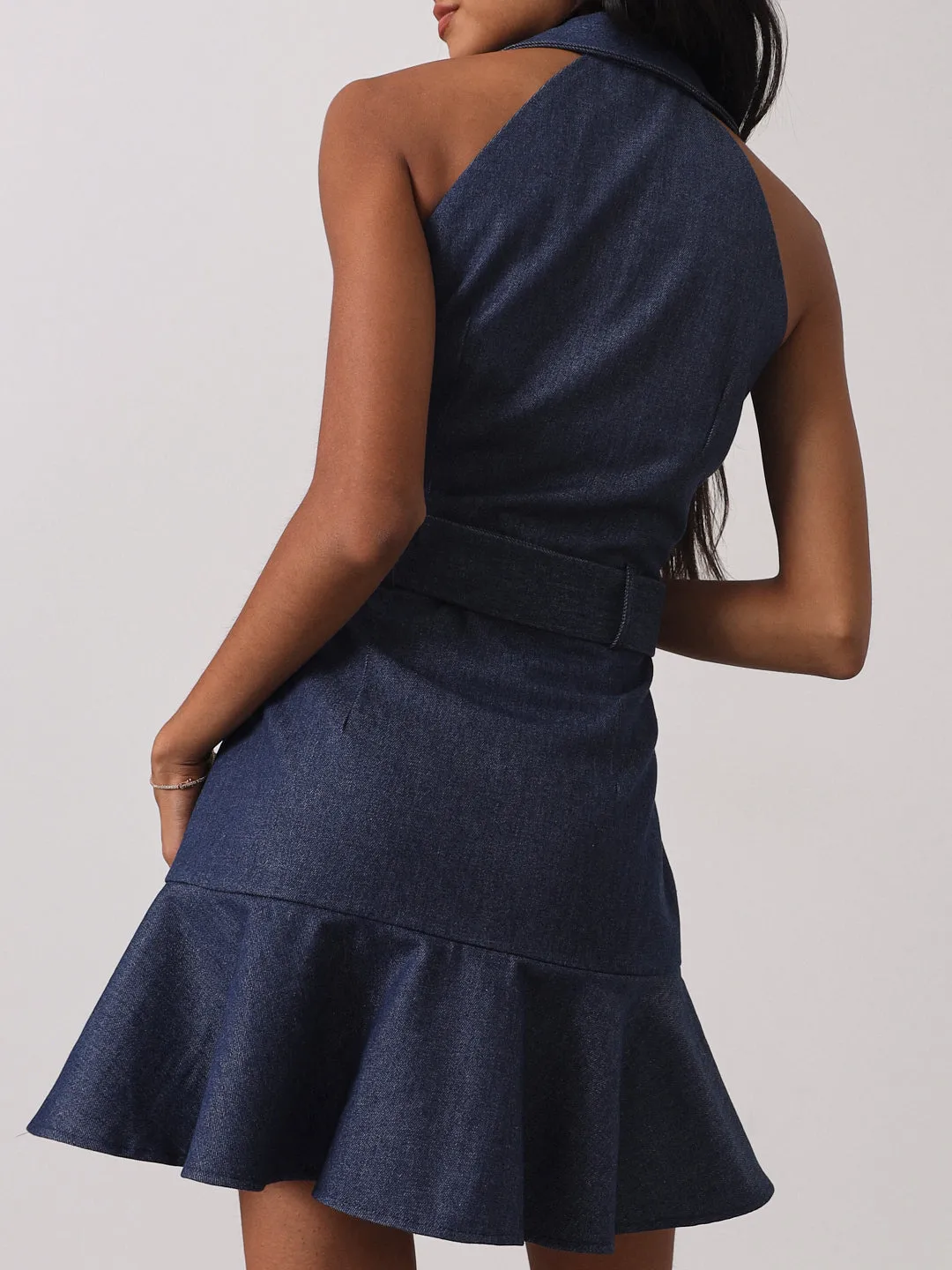 Zena Fit & Flare Belted Denim Dress | Denim Blue