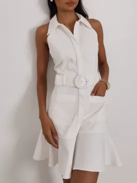 Zena Fit & Flare Belted Denim Dress | White