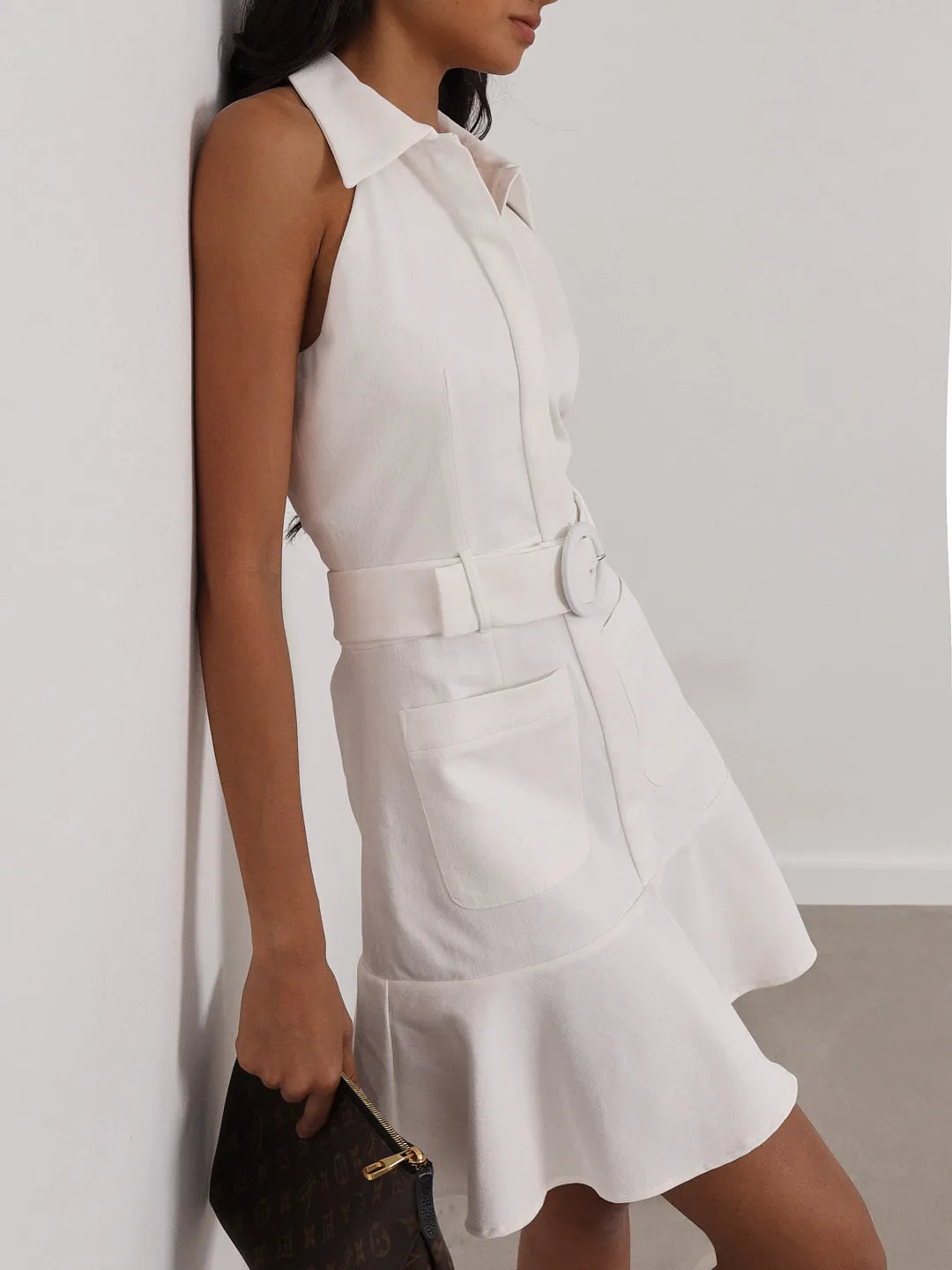Zena Fit & Flare Belted Denim Dress | White